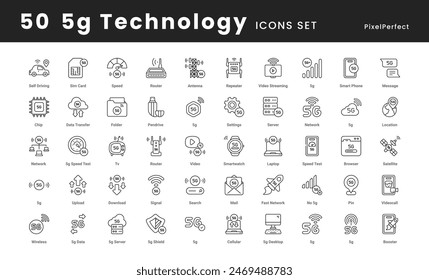 5G Technology icons collection such as, wireless connectivity, high-speed internet, next-gen network, futuristic communication, signal strength, and more