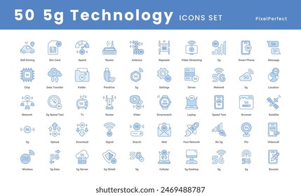 5G Technology icons collection such as, wireless connectivity, high-speed internet, next-gen network, futuristic communication, signal strength, and more