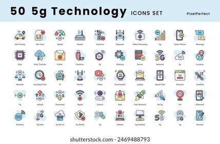 5G Technology icons collection such as, wireless connectivity, high-speed internet, next-gen network, futuristic communication, signal strength, and more