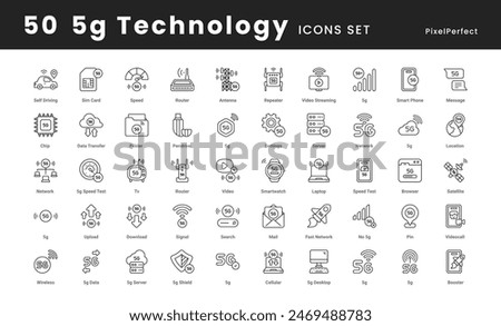5G Technology icons collection such as, wireless connectivity, high-speed internet, next-gen network, futuristic communication, signal strength, and more