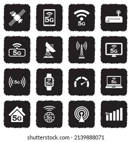 Iconos de tecnología 5G. Diseño plano negro oscuro. Ilustración vectorial.