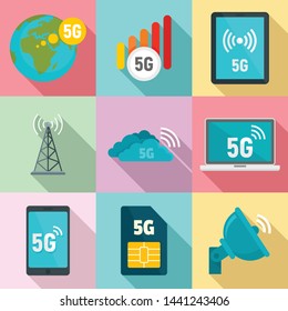 5G technology icons set. Flat set of 5G technology vector icons for web design