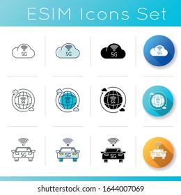 5G technology icons set. Mobile cellular network. Fast Internet connection. Data exchange. Cloud computing. World standard. Smart car. Linear, black and RGB color styles. Isolated vector illustrations
