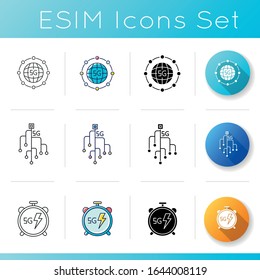Conjunto de iconos de tecnología 5G. Red celular móvil. Conexión rápida a Internet. Intercambio de datos. Estándar mundial. Microchip. Alto reloj. Estilos de color lineal, negro y RGB. Ilustraciones vectoriales aisladas
