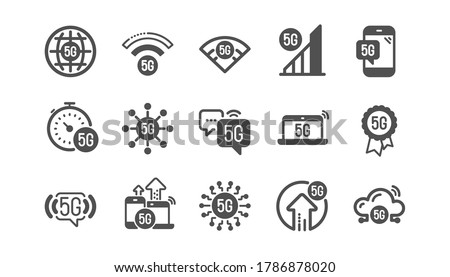 5G technology icons set. Mobile network, fast internet, phone connection. Hotspot signal, mobile telecommunications, wifi internet icons. 5G cellular network technology. Quality set. Vector