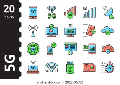Juego de iconos de tecnología 5G. Nueva red móvil, conexión de alta velocidad. Infografía vectorial en color. trazos editables.