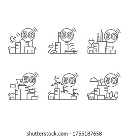 5g technology icons set. Smart city online communication line pictograms. Renewable energy effective, ecology and environment friendly network service concept. Editable stroke vector illustrations