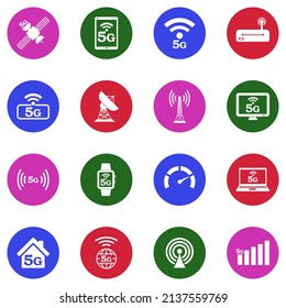 5G Technology Icons. White Flat Collection In Circle. Vector Illustration.