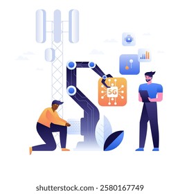 5G Technology Integration. Technician and robotic arm integrating 5G network tower, emphasizing the synergy between advanced robotics and high-speed communication technology.