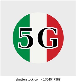 5G technology in Italy . Circle button icon with flag of Italy . Vector illustration.