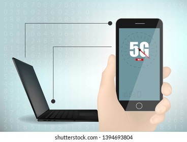 5G technology laptop and smartphone geometry cross frame line vector futuristic illustration template background with glowing dot.
