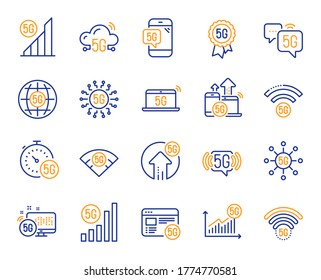 5G Technology Line Icons. Mobile Network, Fast Internet, Phone Connection. Hotspot Signal, Mobile Telecommunications, Wifi Internet Icons. 5G Cellular Network Technology. Vector