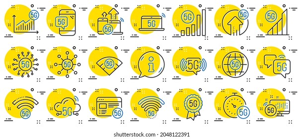 5G Technology Line Icons. Mobile Network, Fast Internet, Phone Connection. Hotspot Signal, Mobile Telecommunications, Wifi Internet Icons. 5G Cellular Network Technology. Info Center Bubble. Vector
