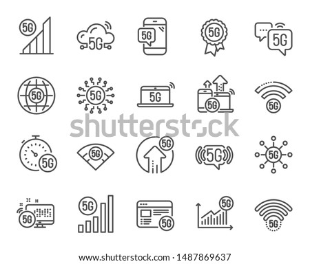 5G technology line icons. Mobile network, fast internet, phone connection. Hotspot signal, mobile telecommunications, wifi internet icons. 5G cellular network technology. Vector