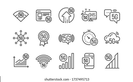 5G technology line icons set. Mobile network, phone connection, fast internet. Hotspot signal, mobile telecommunications, wifi internet icons. 5G cellular network technology. Linear set. Vector