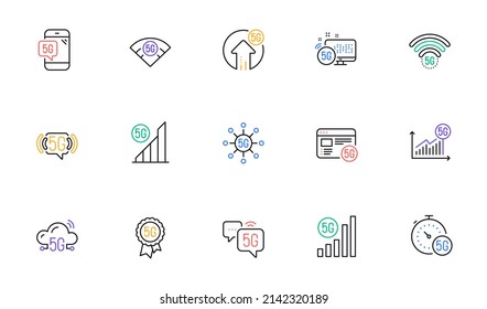 5G Technology Line Icons Set. Mobile Network, Phone Connection, Fast Internet. Hotspot Signal, Mobile Telecommunications, Wifi Internet Icons. 5G Cellular Network Technology. Vector