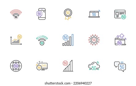 5G Technology Line Icons Set. Phone Connection, Mobile Network, Fast Internet. Hotspot Signal, Mobile Telecommunications, Wifi Internet Icons. 5G Cellular Network Technology. Vector
