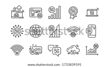 5G technology line icons set. Phone connection, mobile network, fast internet. Hotspot signal, mobile telecommunications, wifi internet icons. 5G cellular network technology. Linear set. Vector