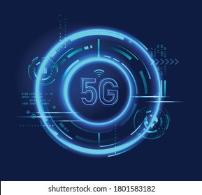 5G technology logo icon with digital circuit, neon light, futuristic Hud  vector. Wireless high speed internet connection. Mobile network background for standard Telecommunication.