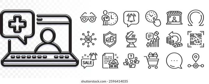 5g technology, Market seller and Omega line icons for web app. Glare of light effect. Message icon. Pack of Love glasses, Qr code, Teamwork question pictogram icons. Vector