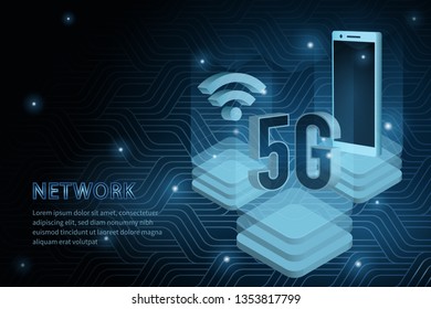 5G technology mobile phone geometry cross frame line vector futuristic illustration template background with glowing dot. Concept of wireless high speed internet connection.