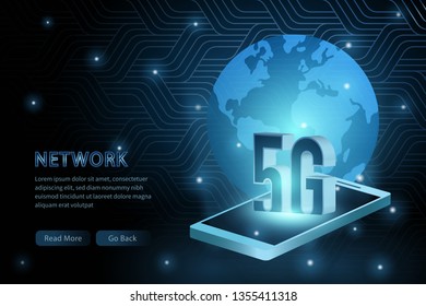 5G technology mobile phone global earth geometry cross frame line vector futuristic illustration template background with glowing dot. Concept of wireless high speed internet connection.