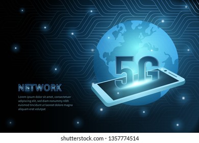 5G technology mobile phone global earth geometry cross frame line vector futuristic illustration template background with glowing dot. Concept of wireless high speed internet connection.