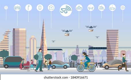 Tecnología 5G en la ciudad moderna. Todo conectado en la nube.  Drones para entregas rápidas. Vehículos eléctricos, autobuses, trenes y bicicletas. Ilustración del vector