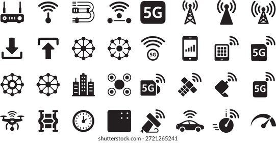Conjunto de iconos de tecnología 5G y redes. Contiene enrutadores inalámbricos, torres de señal, nodos de conexión, dispositivos móviles, antenas parabólicas, edificios urbanos inteligentes y símbolos de Descarga de alta velocidad.