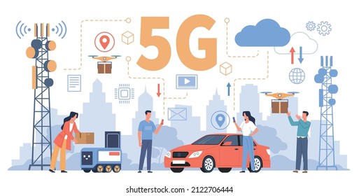 5g technology people. Modern wireless world, transmitter towers in cityscape, men and women use smartphones, drones delivery, smart city horizontal banner, vector concept