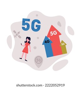 Tecnología 5G. Persona que utiliza la ilustración vectorial de dibujos animados de internet móvil