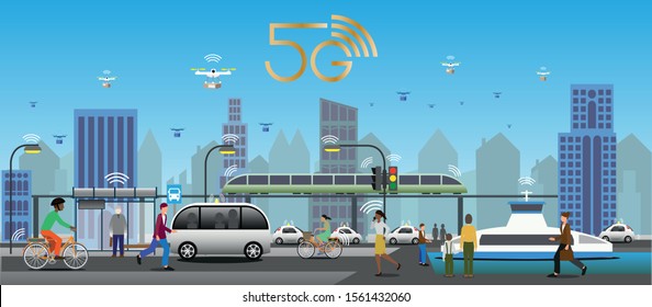 Tecnología 5G para el transporte público. Luces de tránsito y de calle con IoT para una función inteligente. Drones para entregas rápidas. Vehículos eléctricos, autobuses, transbordadores, trenes y bicicletas.