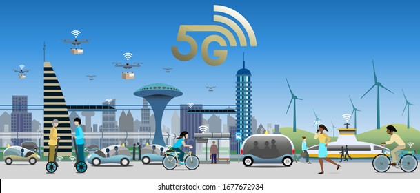 Tecnología 5G para el transporte público. Luces de tránsito y de calle con IoT para una función inteligente. Drones para entregas rápidas. Vehículos eléctricos, autobuses, transbordadores, trenes y bicicletas.