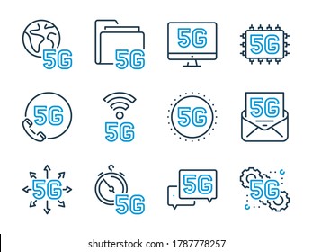 5G Conjunto de iconos de línea vectorial relacionados con la tecnología. 5G Iconos de esquema de red.