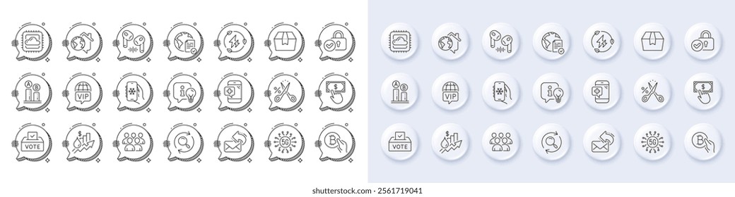 5g technology, Share mail and Package box line icons. White pin 3d buttons, chat bubbles icons. Pack of Group, Verified locker, Online voting icon. Rise price, Vote box, Work home pictogram. Vector