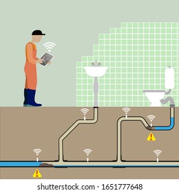 5G technology for smart water monitoring systems to easily locate water leaks, stops or disturbances.   Water leak can be detected at an early stage thereby avoiding consequential damages. Vector Ill.