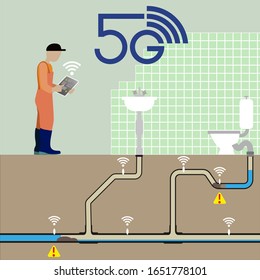 5G technology for smart water monitoring systems to easily locate water leaks, stops or disturbances.   Water leak can be detected at an early stage thereby avoiding consequential damages. Vector Ill.