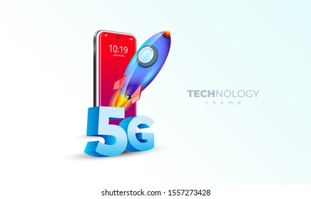 5G technology speed and Rocket takeoff. Mobile display smartphone turbo speed action white background illustration