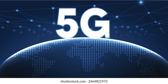 Tecnología 5G, industria de las telecomunicaciones, red de telecomunicaciones brillante texto 5G en la tecnología de la tierra brillante cartel del Vector