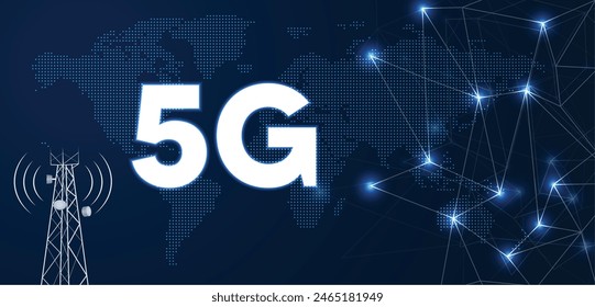 5G-Technologie, Telekommunikationsindustrie, Telekommunikationsnetz glühend 5G-Text auf gepunkteter Weltkarte Vektorgrafik Poster