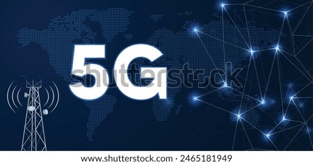 5G technology, telecommunication industry, telecom network glowing 5G text on dotted world map vector poster