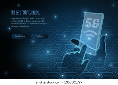 5G technology transparent mobile phone geometry cross frame line vector futuristic illustration template background with glowing dot. Concept of wireless high speed internet connection.