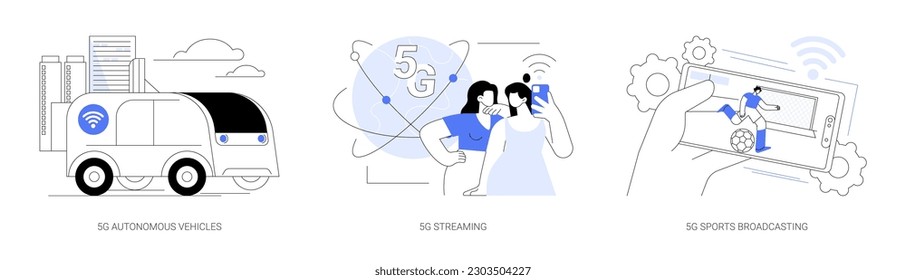 5G technology use abstract concept vector illustration set. 5G autonomous vehicle, self-driving bus, public transport, 5G video streaming, sports broadcasting, high-speed internet abstract metaphor.