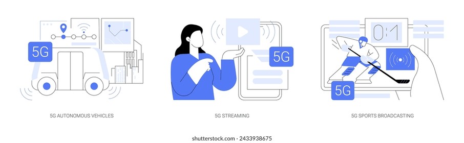 La tecnología 5G utiliza ilustraciones aisladas del vector de la historieta. Vehículo autónomo 5G, autobús autoconducido, transporte público, transmisión de video 5G, transmisión deportiva, caricatura vectorial de Internet de alta velocidad.