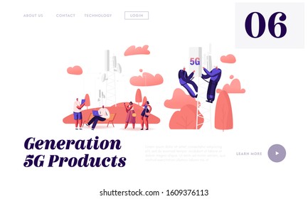 5g Technology Website Landing Page. Workers on Transmitter Tower Set Up High-speed Mobile Internet, City Dwellers Using New Generation Mobile Networks Web Page Banner. Cartoon Flat Vector Illustration