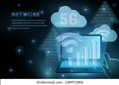 5G technology wifi cloud and laptop geometry cross frame line vector futuristic illustration template background with glowing dot. Concept of wireless high speed internet connection.
