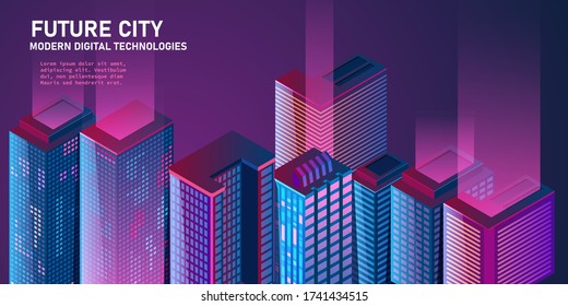 5 g de tecnología. Estructura, aterrizaje o diseño de páginas web de ciudades inteligentes. Concepto moderno de red. Ilustración isométrica futurista vectorial.