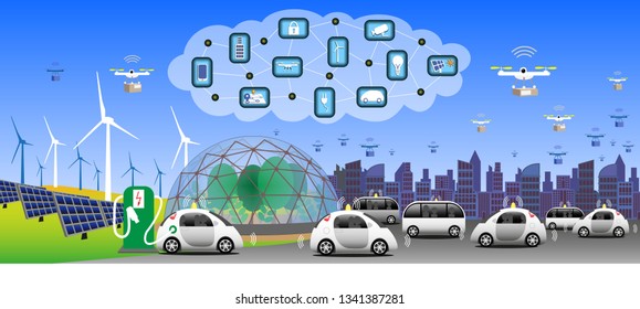 5G techology for a sustainable environment. Internet of Things for connected city. Solar and wind energy. Driver less vehicles and drones for rapid transports. Vector Illustration.