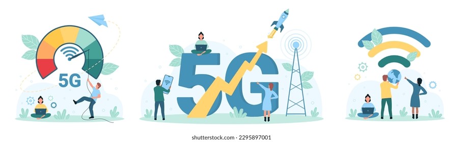 5G telecommunication technology set vector illustration. Cartoon tiny people using speedometer for signal speed test from communication tower, global telecom system and broadband mobile internet