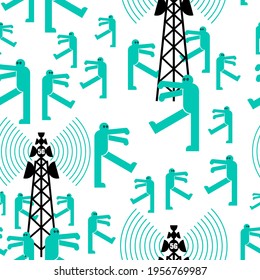 5G tower chipping population pattern seamless. Conspiracy theory ornament. Zombies walk around cell tower texture. TV and radio communication towers background